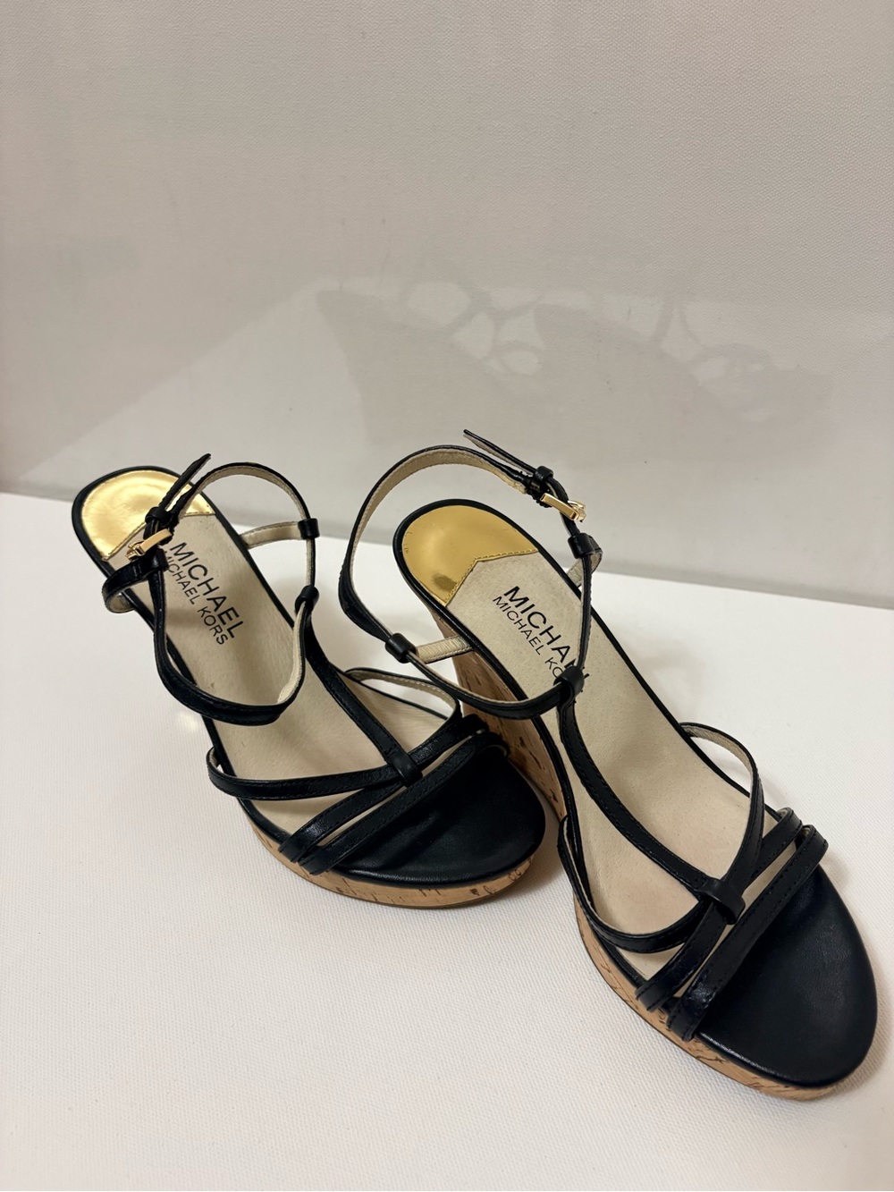 MICHAEL Michael Kors Cicely Black Leather Cork Wedge Sandals